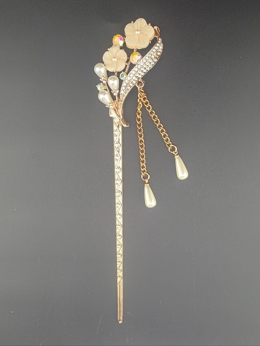 Estate Gold Floral Pearl Drop Hair Stick with Cream Flowers